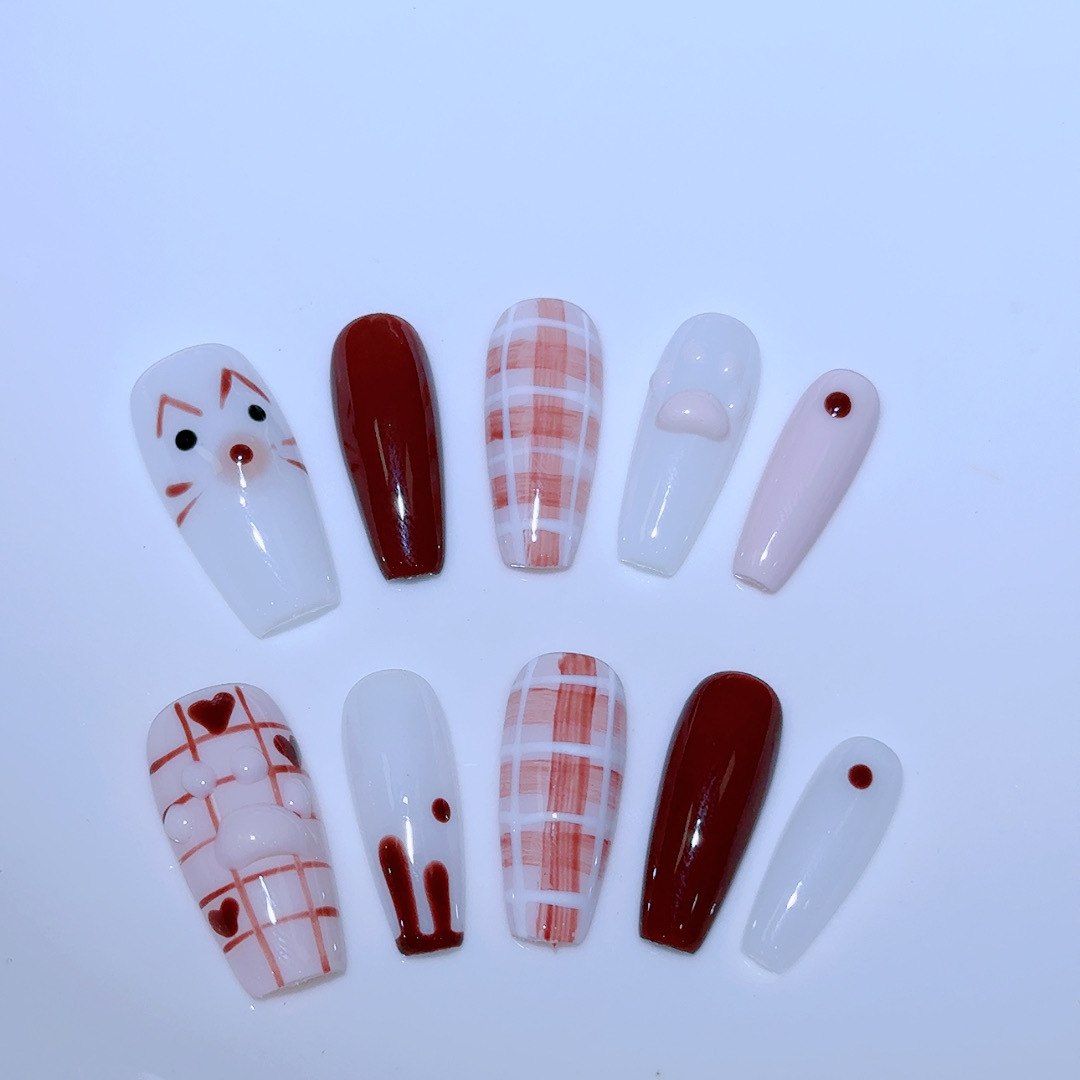 Pintado a mano desgaste de uñas café Rosa chocolate blanco fresa meow suave lindo serie extraíble falso clavo parche de uñas