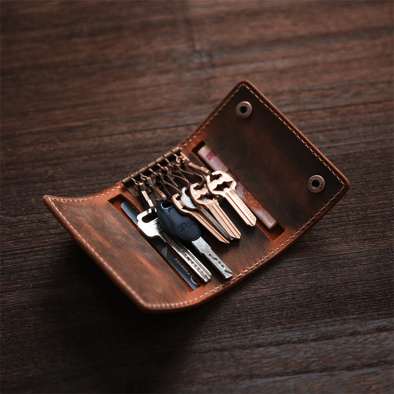 Vintage Handmade Keychain Crazy Horse Top Layer Cowhide Buckle Key Case Men's Genuine Leather Card Holder Multifunctional Key Bag