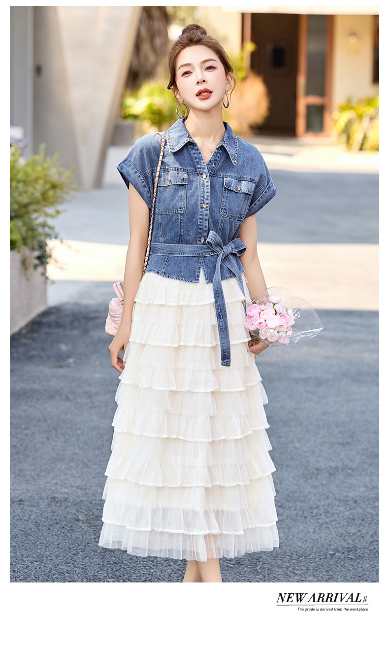 Váy liền denim tay ngắn thắt eo tôn dáng mới mùa hè 2025 YH2666 — Màu như hình chi tiết 9