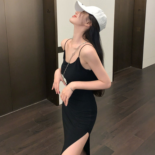 Internet-famous sexy hot girl's sheer spaghetti strap dress for women, summer slim-fit split midi dress, wholesale mom-style hip-hugging skirt