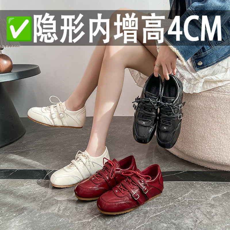 Cowhide Version ~ Inner Height-Increasing Ballet Trainers 2026 Spring New Square-Toe Lace-Up Casual Sports Mary Jane Shoes for Women