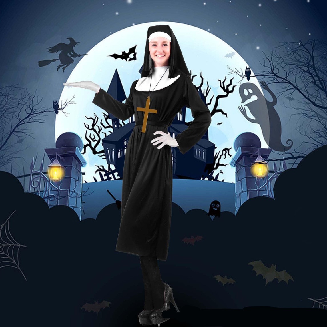 Halloween Black Nun Headscarf and Neck Scarf Performance Set Priest Cross Headpiece Mary Character Costume