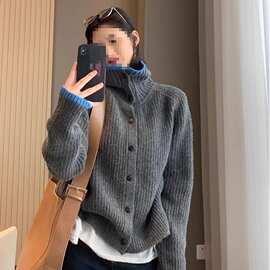 复古慵懒风宽松显高领毛衣女撞色小设计超好看针织开衫秋冬外套