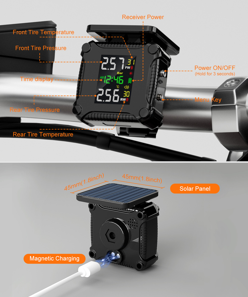 Motorcycle and Electric Vehicle Magnetic Tire Pressure Monitoring and Air Pressure Detection Device, Rechargeable, Waterproof, Dustproof