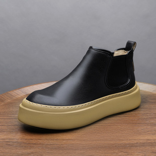 Factory Direct Autumn and Winter High Top Shoes Men's Genuine Leather Retro Martin Boots British Thick-soled Chelsea Boots All-match Ankle Boots