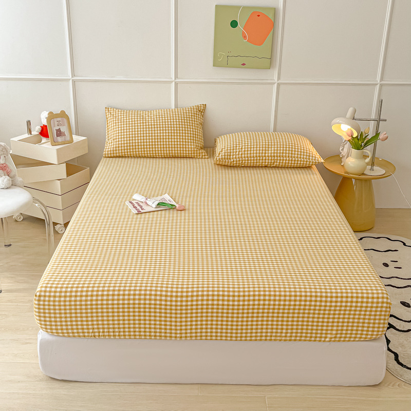 Japanese-style solid color wash cotton bed hat three-piece single-piece silky comfortable bedspread mattress dustproof protective cover