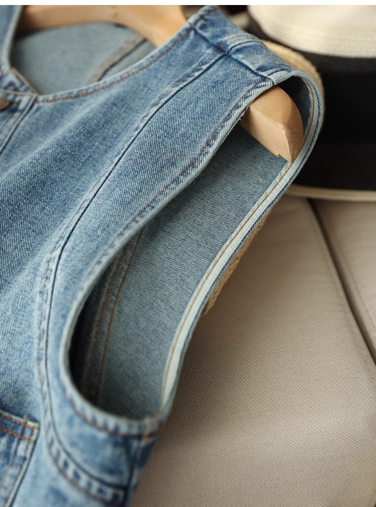 Áo vest denim nữ ngắn tay rộng rãi phong cách thời trang xuân hè — Xanh denim chi tiết 16