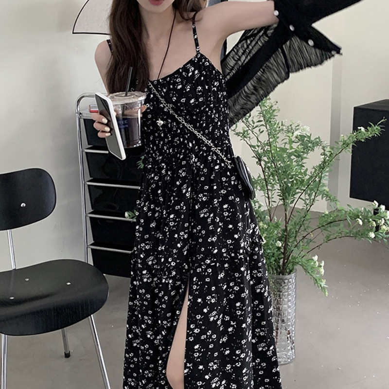 Hepburn Style Small Black Floral Dress Women's French Style Summer Tight Waist Split Long Tea Break Strap Skirt