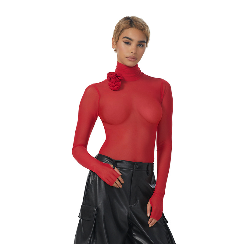 Wish venta caliente ropa de mujer europea y americana sexy cuello alto manga larga malla micro transparente decoración de flores delgado mono base