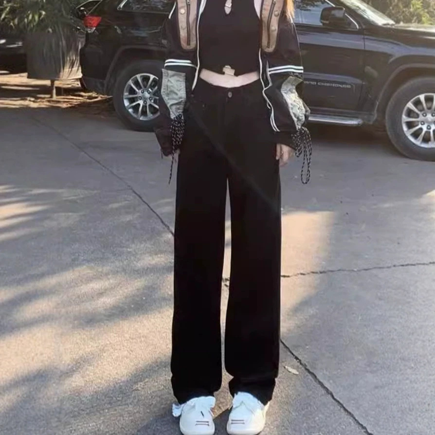 Black high-quality straight-leg jeans for women, autumn 2026 new style, loose-fitting, slimming, wide-leg, floor-length pants