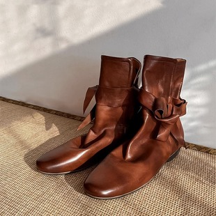 Genuine Leather Niche English Style Martins Women's Autumn and Winter Chelsea Ankle Boots Bow Flat Pleated Pile Boots