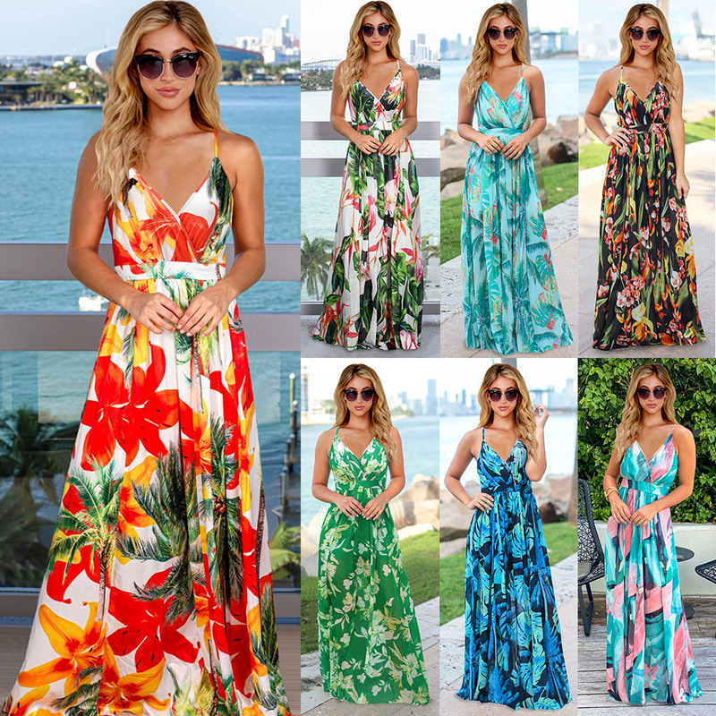 European and American Mid-Waist Sling Chiffon Multicolor Printed Long Dress Personality Elegant Commuter Hair Character Bohemian Women's Wear European and American Mid-Waist Sling Chiffon Multicolor Printed Long Dress Personality Elegant Commuter Hair Character Bohemian Women's Wear