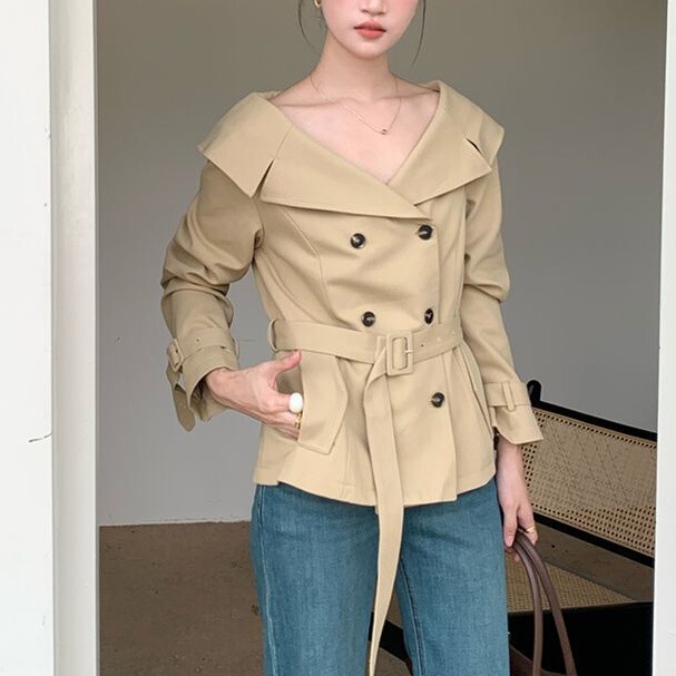 Korean Style Spring and Autumn 2026 New Navy Collar Short Trench Coat for Women, Waist-Cinched, Spring and Autumn Korean and British Style
