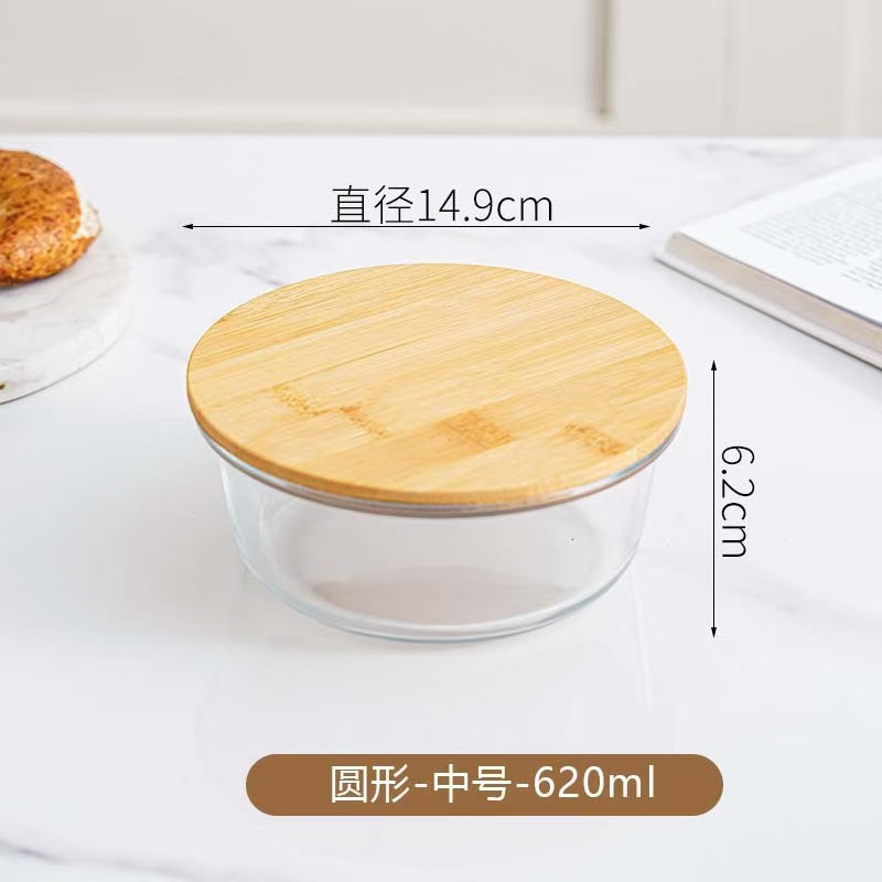 Fiambrera de vidrio redonda, horno de microondas, horno de calefacción especial, caja de mantequilla de frutas frescas con separación de arroz
Cubierta de bambú y madera