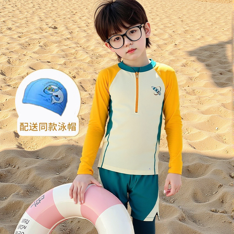 男童中大童夏季分体式套装游泳衣长袖防晒儿童海边度假风泳装潮款|undefined