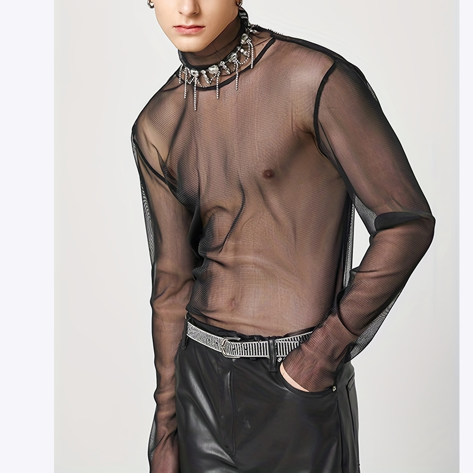 High collar long sleeve drop shoulder see-through T-shirt men's sexy nightclub clothes breathable mesh top bottoming shirt men's performance clothes