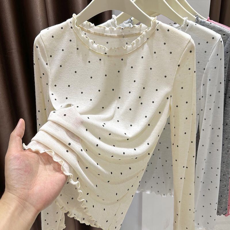 Tencel Long-sleeved T-shirt Women's Thin Micro-transparent Round Neck Polka Dot Slim-fit Sunscreen Base Shirt Inner Top for Summer