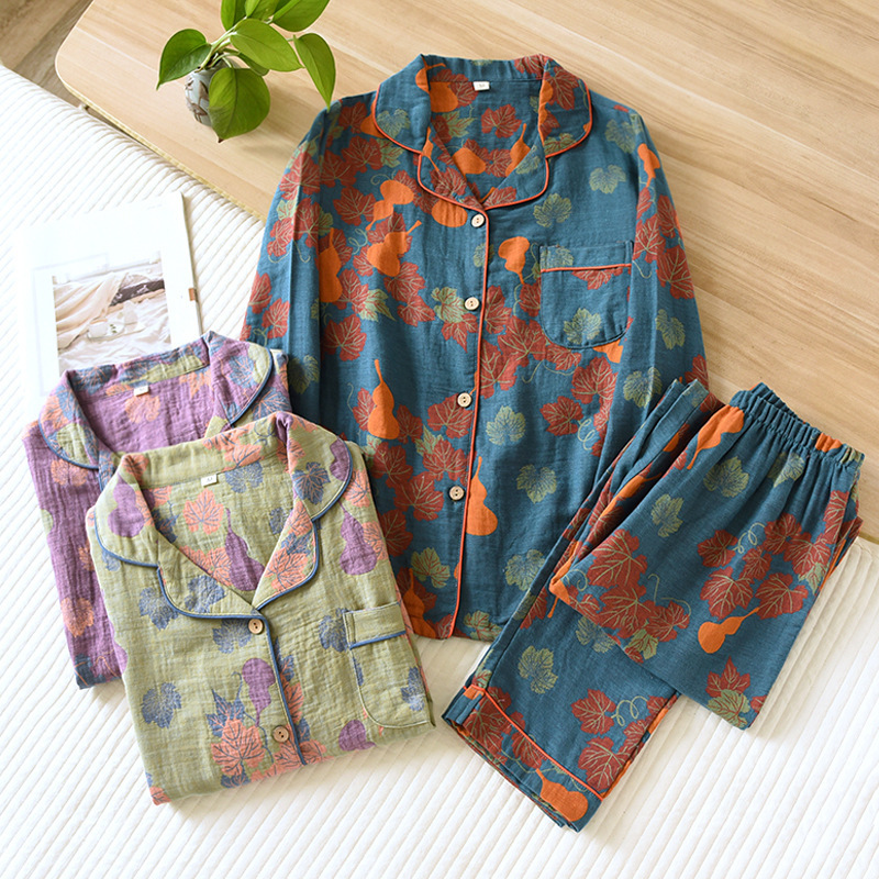 Yarn-dyed retro pajamas women's crepe ethnic style double-layer cotton yarn spring and autumn thin long-sleeved pants home wear suit Yarn-dyed retro pajamas women's crepe ethnic style double-layer cotton yarn spring and autumn thin long-sleeved pants home wear suit