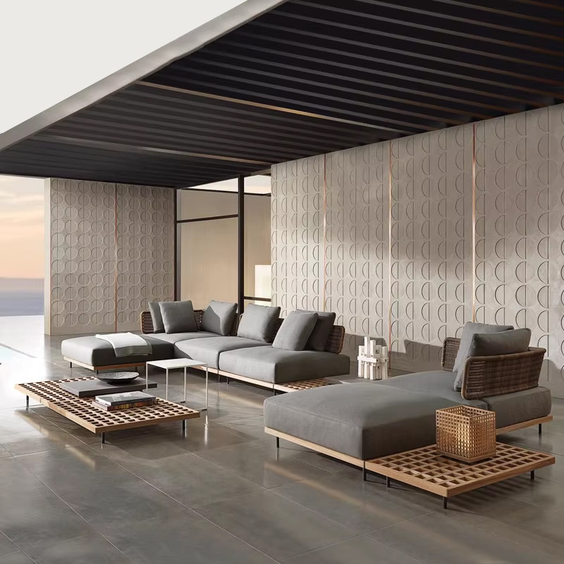 Nórdico sofá al aire libre Villa jardín sofá de ratán combinación sofá de teca al aire libre Silla de ratán sofá