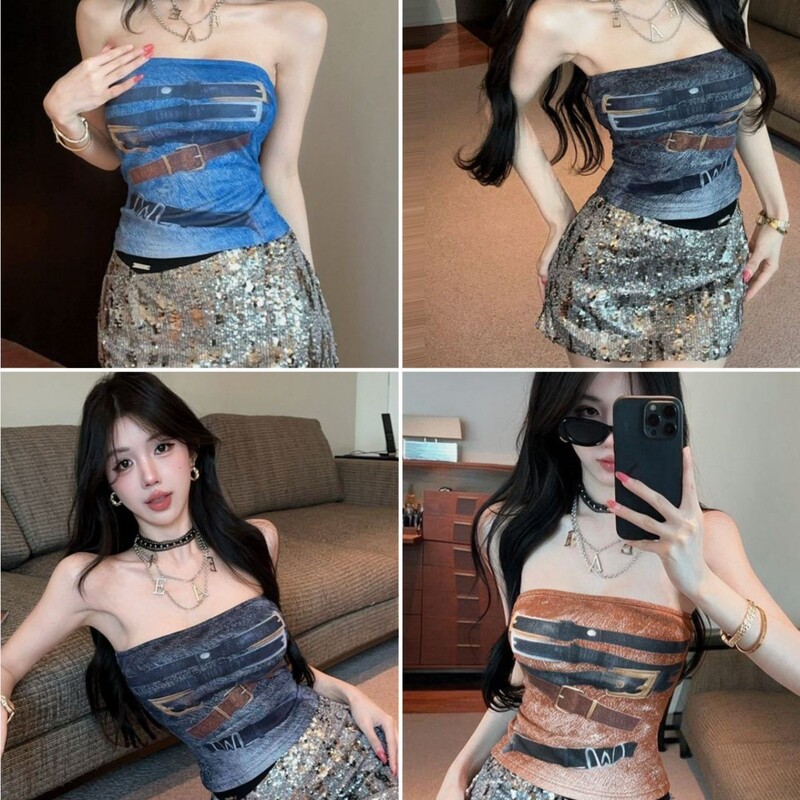 690 # Retro Slim-Fit Camouflage Print Tube Top for Women, Street Style Short Top for Fashionable Girls 690 # Retro Slim-Fit Camouflage Print Tube Top for Women, Street Style Short Top for Fashionable Girls