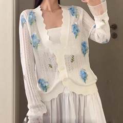 现货 秋冬新款甜美风小清新镂空手工刺绣娃娃领针织开衫上衣女