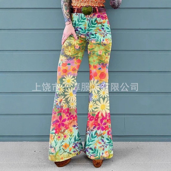 Source Factory Cross-Border Independent Station Popular Women's European and American Foreign Trade Floral Print Casual Imitation Denim Wide-Leg Trousers