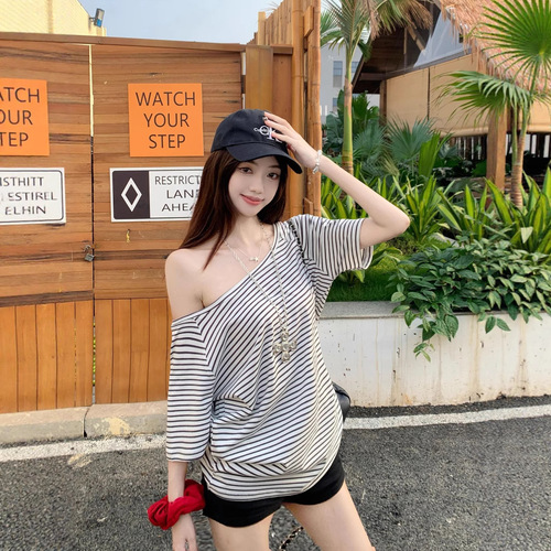 Sloping Shoulder Short Sleeve Women's Summer 2025 New French Striped Versatile Slimming Off-Shoulder Student Loose Top