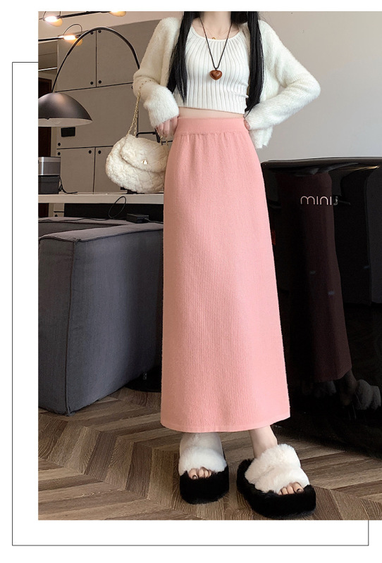 ベルベットの厚いニットのスカートの女性秋冬の新しい小柄なストレートのフォークのスカートのa字のお尻の長いスカート|undefined