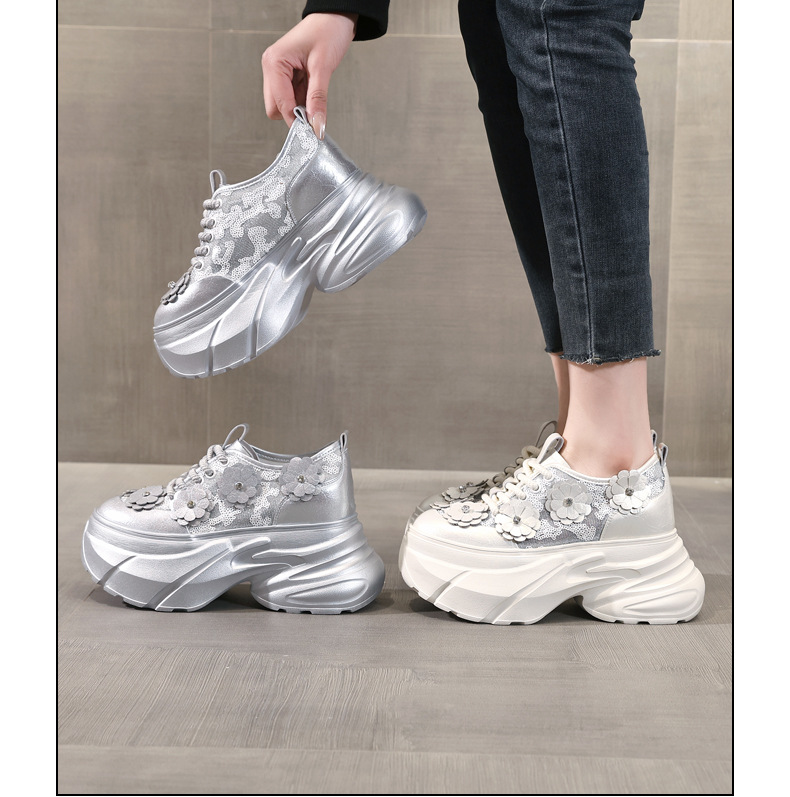 Giày sneaker nữ chunky đế dày tăng chiều cao, lưới thoáng khí — Màu trắng chi tiết 19