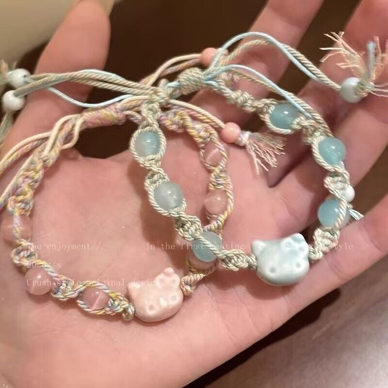 Cute Kt Cat Ceramic Color Rope Hand-Woven Couple Adjustable Student Bestie Bracelet Sweet Niche