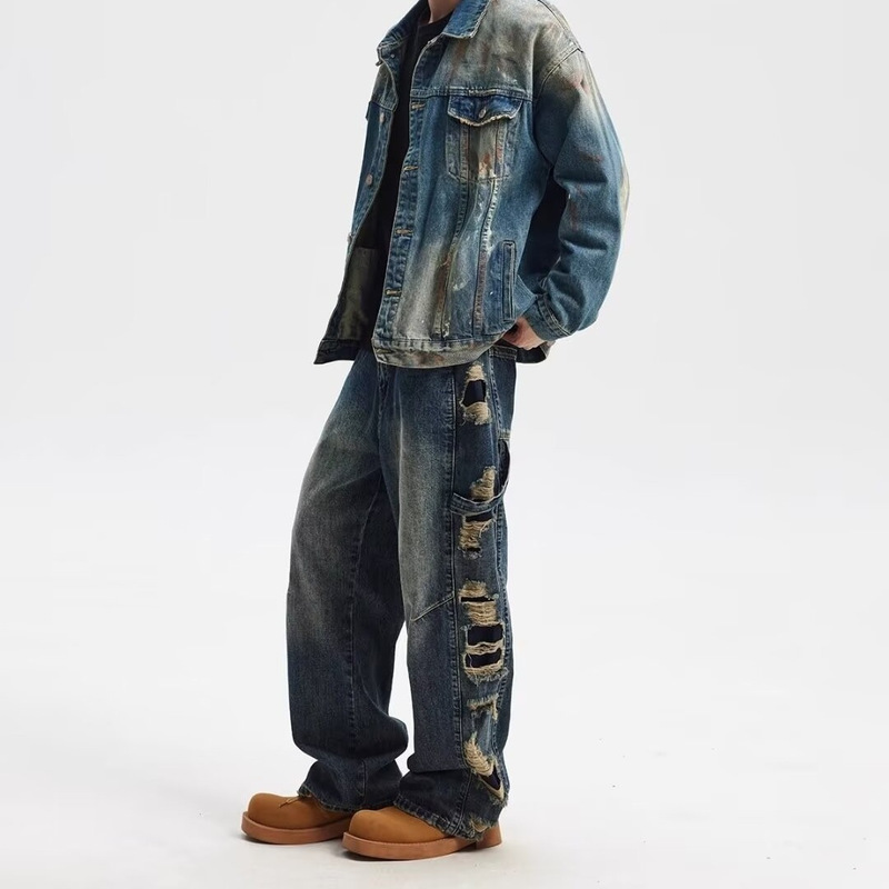 2024 autumn new vintage washed side with big hole wide leg ruffian handsome thin look old look full of jeans men 2024 autumn new vintage washed side with big hole wide leg ruffian handsome thin look old look full of jeans men