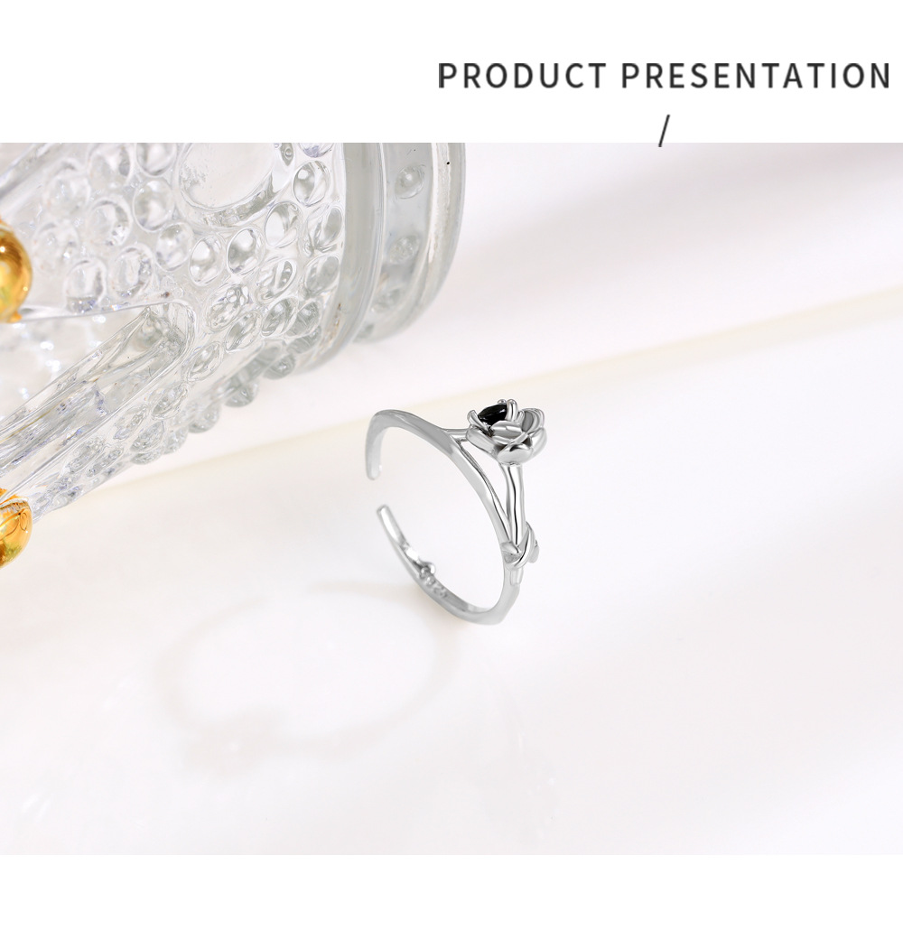 s925 Silver Black Diamond Flower Open Ring Image 1