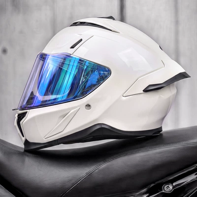 Motosiklet kaskı (dəbilqə) — riding, full-face motorcycle helmet - pearl-white-electronic-blue-mirror-coating-free-clear-lens-m55-56cm