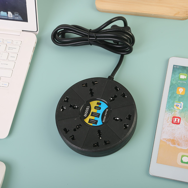 Placa de enchufe de comercio exterior redonda de 6 bits 2USB + 1Tipo-C con lámpara en blanco y negro, bolsillo neutro estándar estadounidense estándar británico estándar europeo