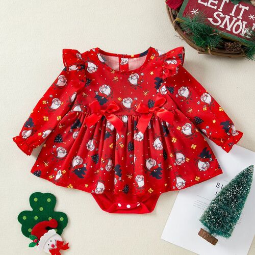 Ins style double bow clothes baby dress cute long flying sleeves farts dress festive climbing clothes