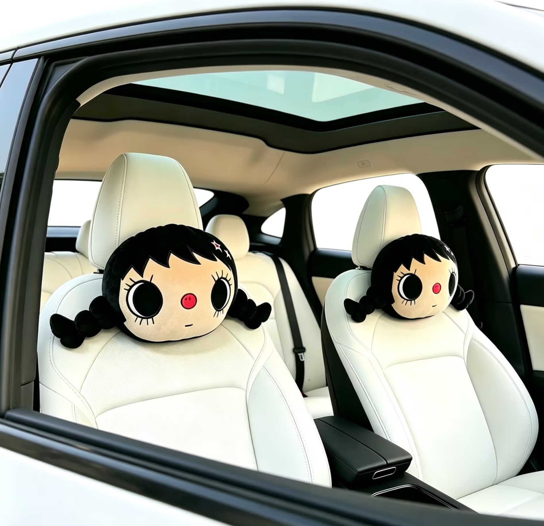 Trendy Big-Eyed Doll Car Headrest, Black Braided Girl Plush Neck Pillow, Internet Celebrity Style Throw Pillow