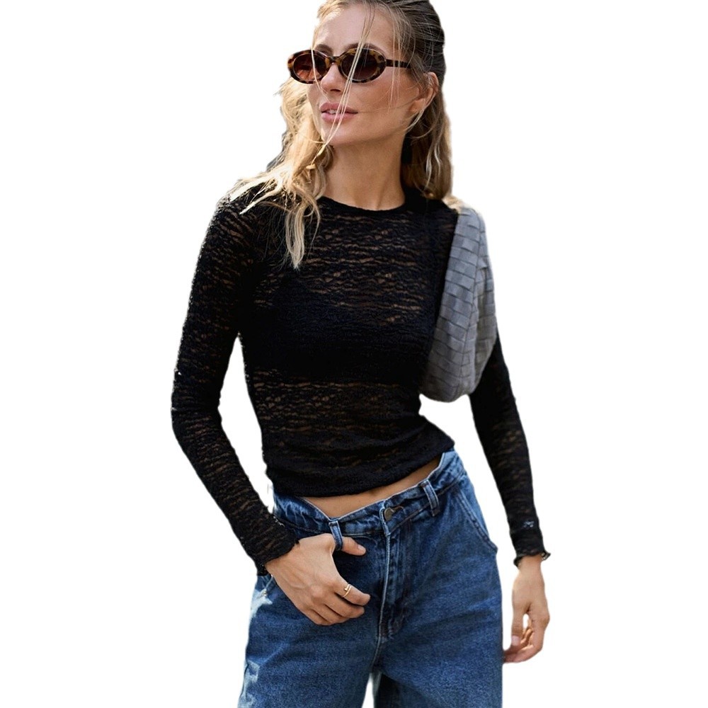 2024 otoño y invierno de Europa y Estados Unidos nueva moda de cuello redondo perspectiva sexy camisa de legging de manga larga delgada camisa superior image 6