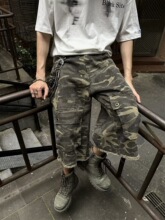 美式复古街头大口袋毛边迷彩工装七分裤男女cleanfit宽松休闲短裤