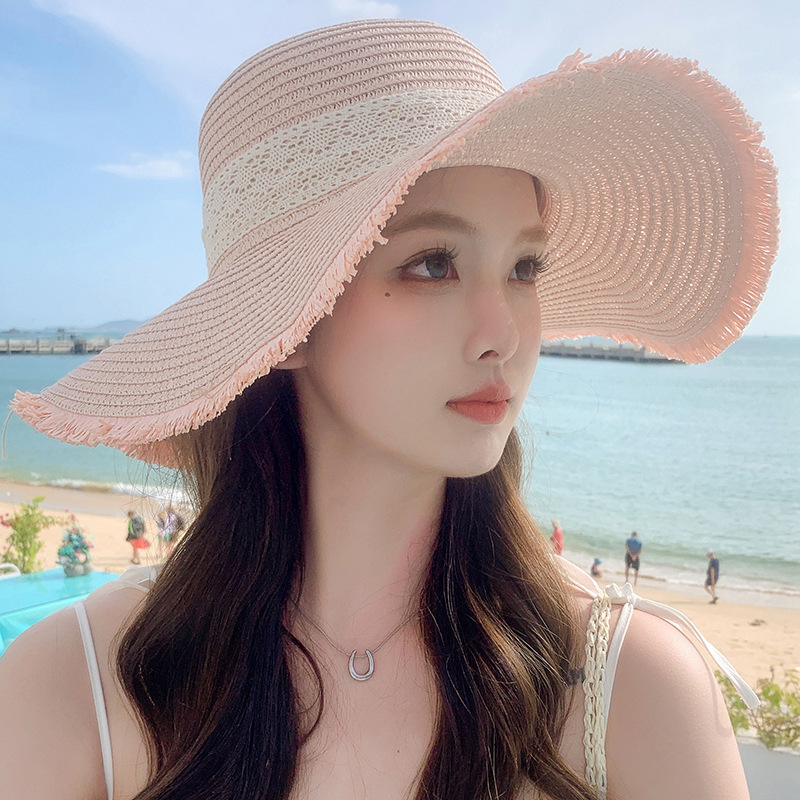 Korean Version of Small Fresh Sweet Fashionable Sunshade Hat for Women in Summer Large Brimmed Ribbon Outdoor Hat Large Brim Sun Hat Straw Hat_voghion.com