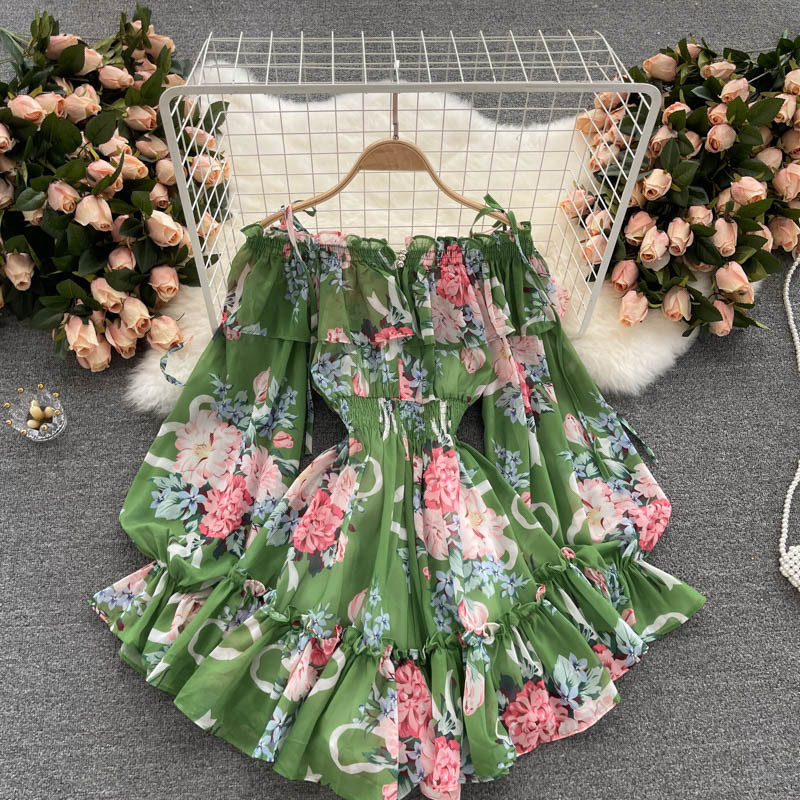 Vacation-style jumpsuit women's summer off-shoulder collar puff sleeve slim-fit short chiffon printed dress pants trendy Vacation-style jumpsuit women's summer off-shoulder collar puff sleeve slim-fit short chiffon printed dress pants trendy