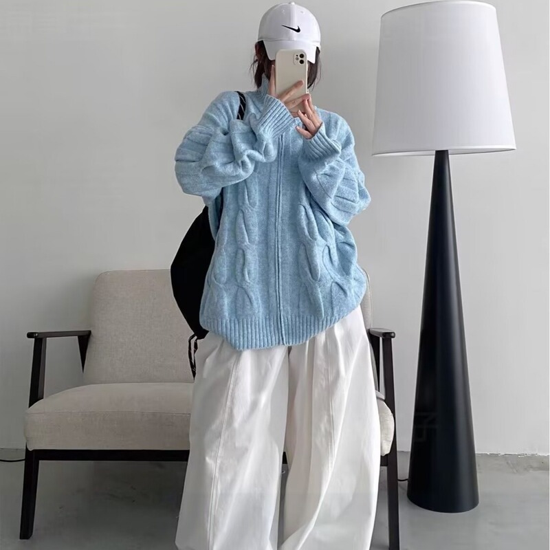拉链立领开衫毛衣女款秋冬季美式慵懒风麻花设计感宽松针织衫外套|undefined