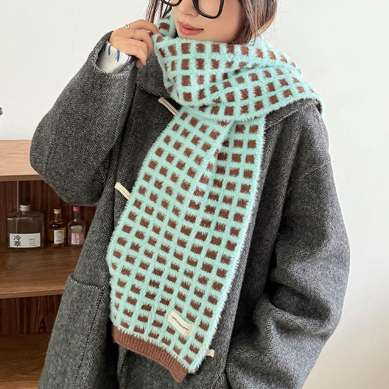 华夫格韩系氛围感棋盘格子针织围巾女秋冬季高级感仿羊绒保暖围脖|undefined