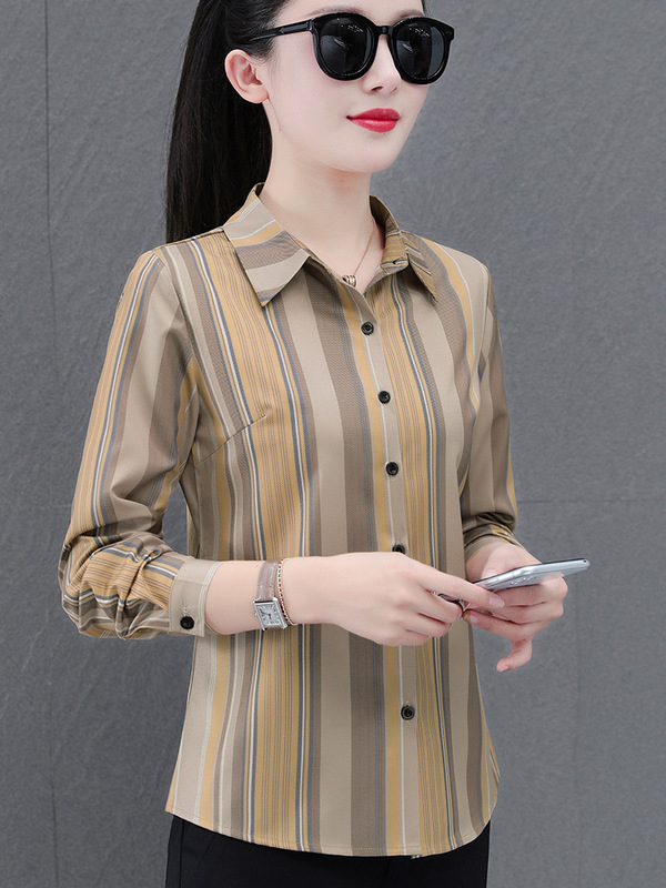 中年女士衬衫女春秋2025新款妈妈衬衣秋季薄款开衫长袖竖条纹上衣|undefined