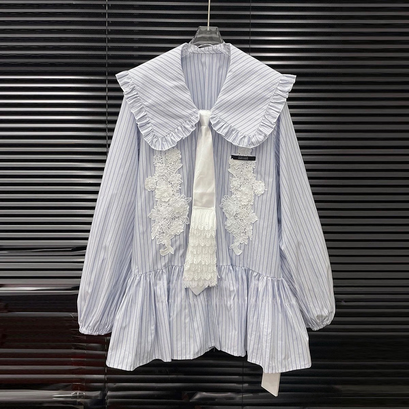 2026 Spring New Striped Shirt Dress for Women, French-Style Niche Lace Navy Collar Shirt Dress