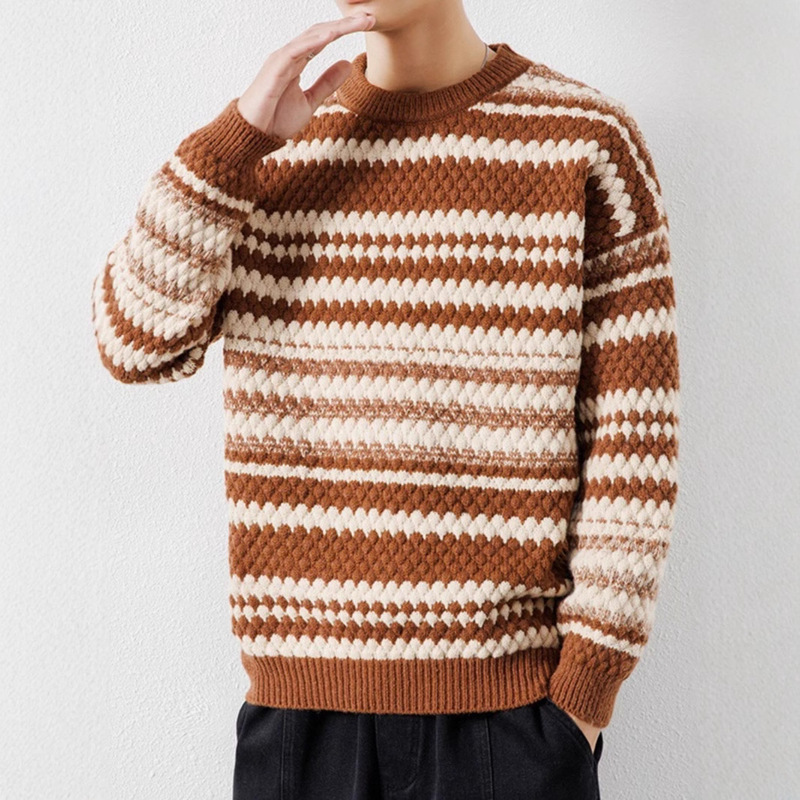 Lazy Style Loose plus size Sweater Men's Autumn and Winter Vintage Black and White Twist Striped Crewneck Casual Sweater