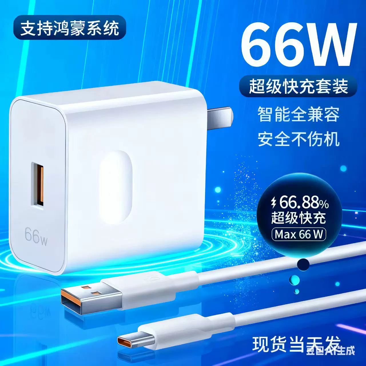 适用于鸿蒙系统华为手机快充66W充电器单头USB-C充电头数据线套装