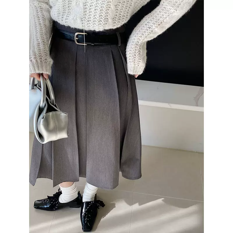 江左 岛歌夫人A字半身裙女早春设计感小个子压褶气质显瘦高腰6193