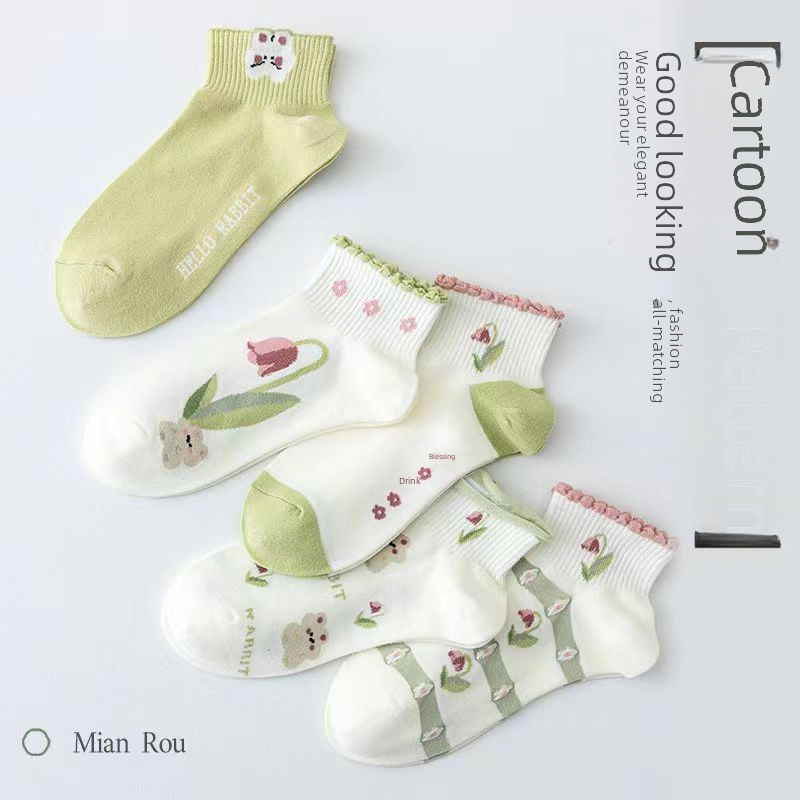 Curling tide SOCKS women's flower cute spring and summer boat SOCKS fashion casual breathable green short SOCKS SOCKS manufacturers