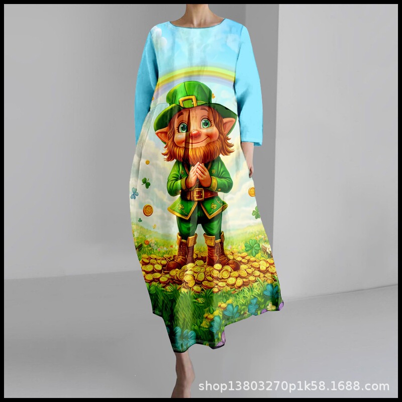 2025 Cross-Border Women's Casual Three-Quarter Sleeve Dress with St. Patrick's Theme Clover 3D Print for Summer
