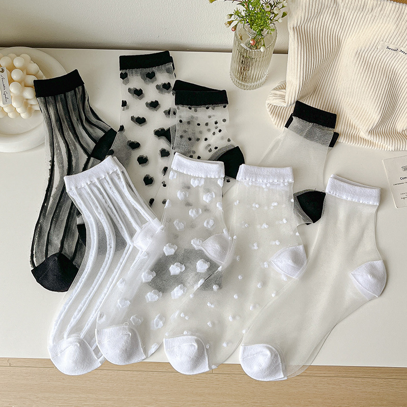Glass Silk Crystal Silk Tube Socks Women's Summer Thin Black Wave Dot Socks Transparent Ice Silk Breathable Mesh Socks